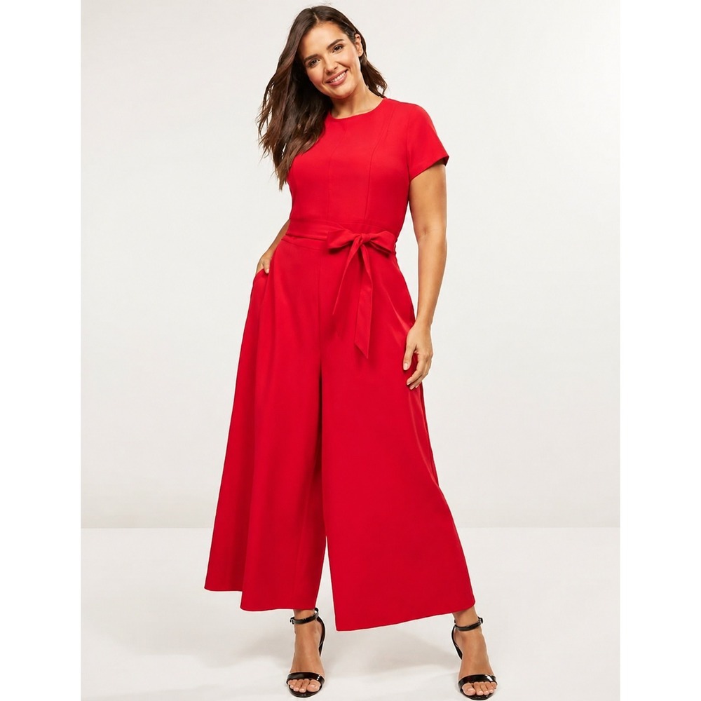 Lane Bryant Lena Wide Leg Belted Jumpsuit Red Short Sleeve Pockets High Waist 18
